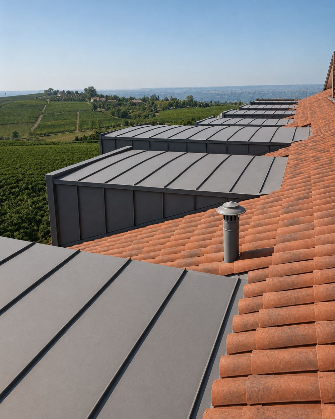 Copertura in tegole con lattoneria e copertura metallica aggraffata