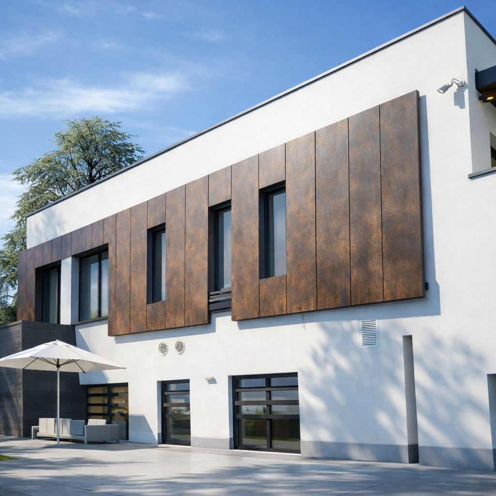 Edificio bianco con rivestimento metallico effetto corten