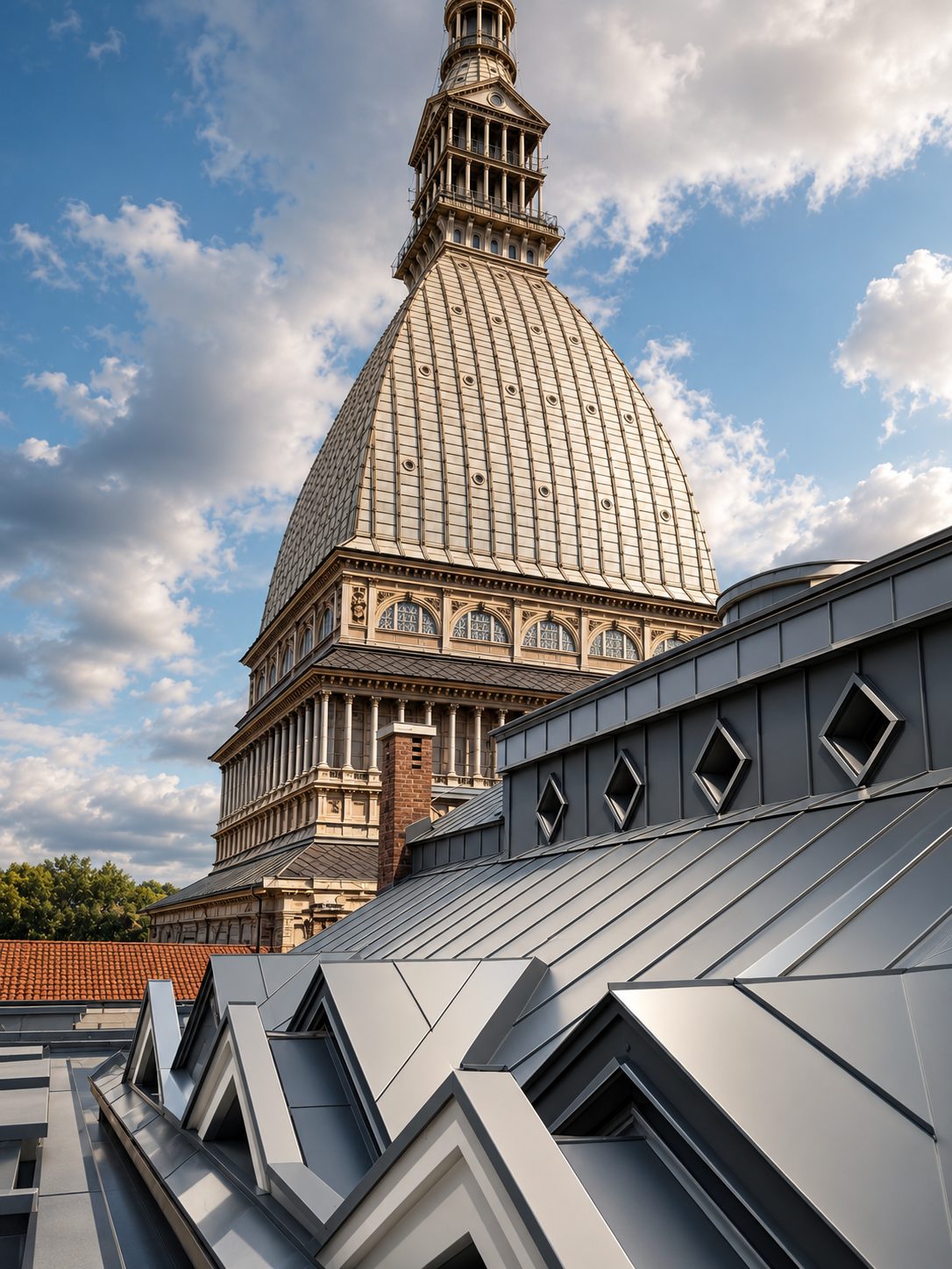 Copertura metallica aggraffata con lucernari davanti alla Mole Antonelliana