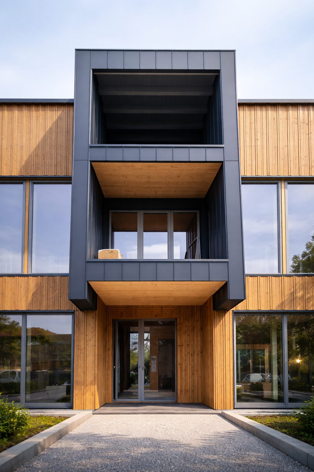 Edificio con rivestimento in legno e volumi metallici scuri